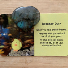 Load image into Gallery viewer, Dreamer Duck Mental Wellbeing Card and Heart Crystal
