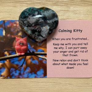 Calming Kitty Mental Wellbeing Card and Heart Crystal